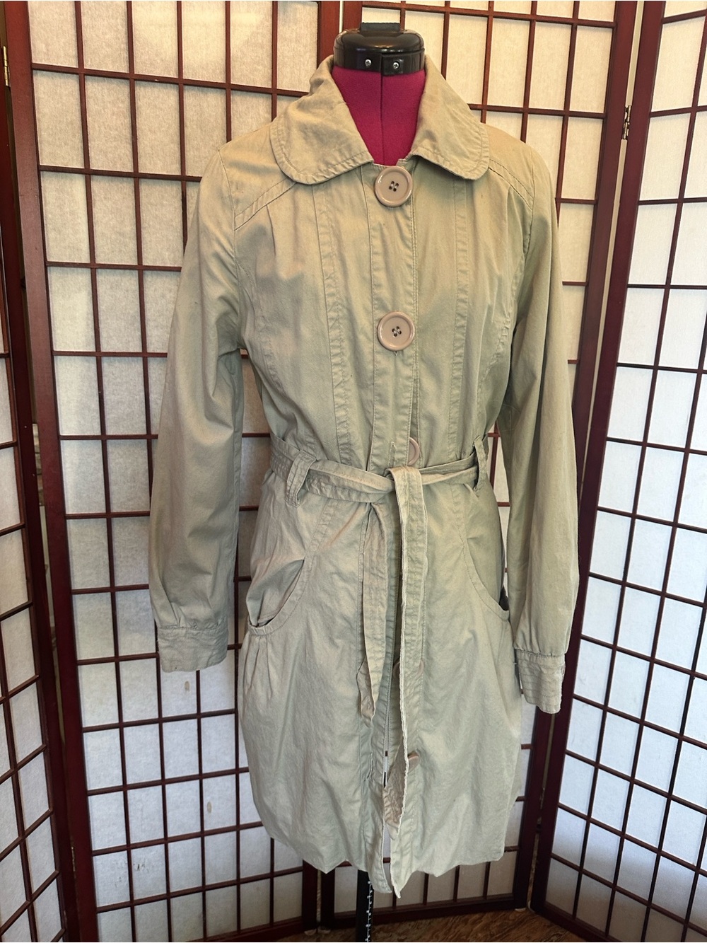 Jou Jou Light Olive Trench Coat with Waist Tie